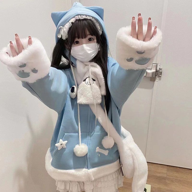 Women'S Fashion Zip Up Hoodies - Japon Sevimli Anime Nakışlı Kedi Kulaklı