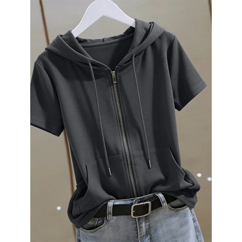 Women'S Fashion Zip Up Hoodies - Kadın Yazlık Fermuarlı Kısa Kollu Kapüşonlu