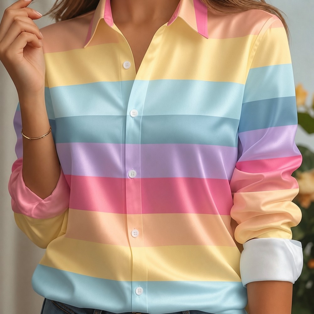 Women Top Fashion - Kadın Saten Yaka Gömlek Pastel Çizgili
