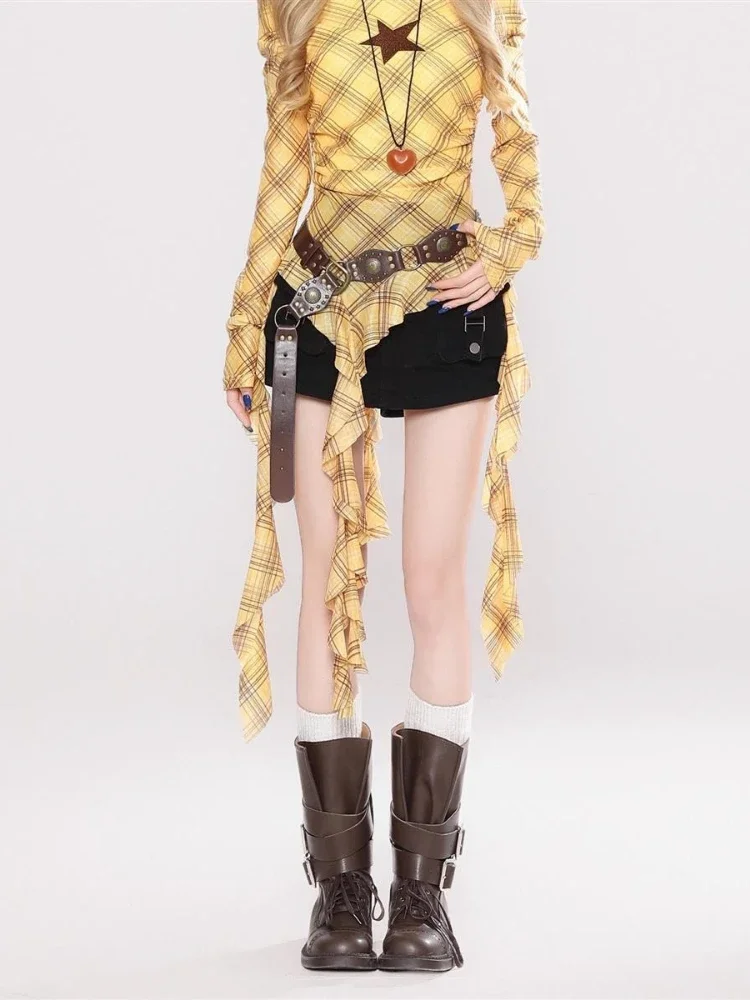 Women Top Fashion - Y2K Ekose Slash Yaka Vintage Kadın
