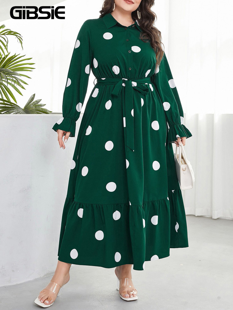 Belted Shirt Dress - GIBSIE Büyük Beden Puantiyeli Yarım Düğmeli