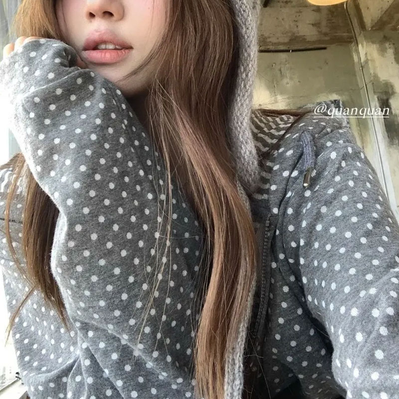 Women'S Fashion Zip Up Hoodies - Kore Polka Dot Rahat Baskılı Kapüşonlular