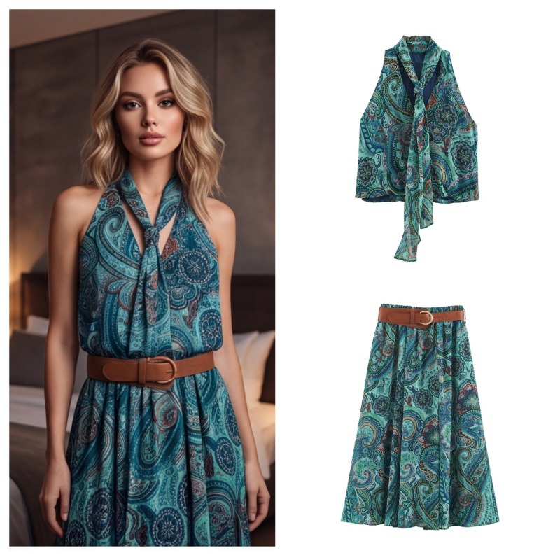 Belted Shirt Dress - Kadınlar için Vintage Baskılı Kemerli Uzun