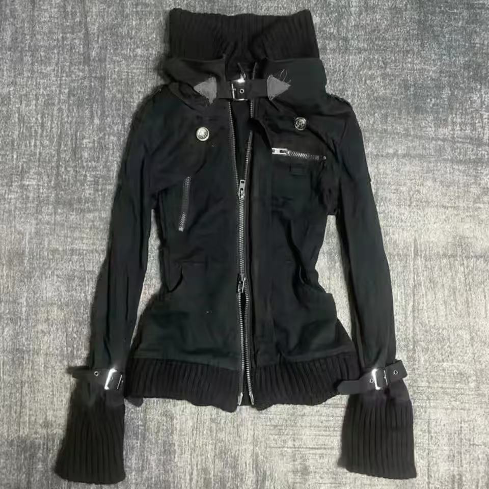 Women'S Fashion Zip Up Hoodies - Y2K Gotik Siyah İnce Çift Fermuarlı
