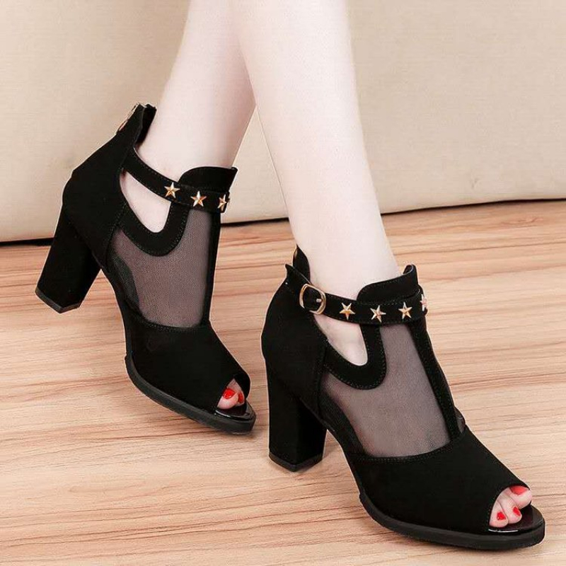 Women'S Fashion Korea - Fileli Peep Toe Blok Topuklu Kadın
