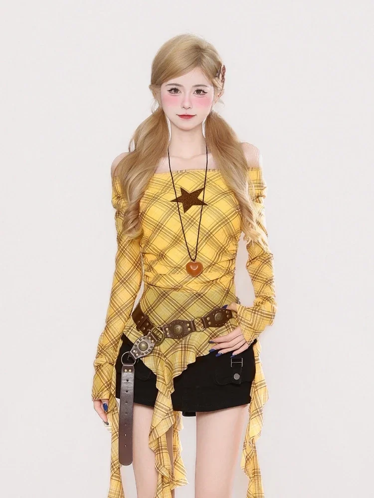 Y2K Ekose Slash Yaka Vintage K - Women Top Fashion incelemesi ve fiyatı
